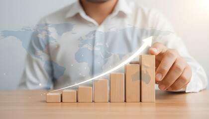 Businessman arranging wooden blocks to form a growing bar chart symbolizing financial growth and business success with a world map overlay
