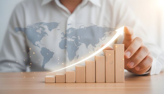 Business growth chart with upward arrow and world map overlay symbolizing global financial success and economic progress conceptual illustration for investment - Powered by Adobe