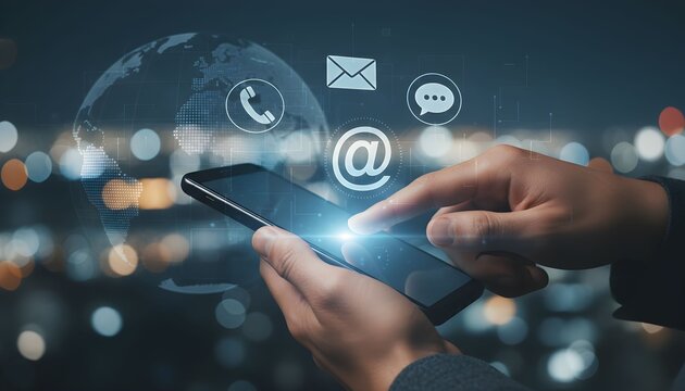Hand using smartphone with digital communication icons and globe concept for global connectivity and online services technology background - Powered by Adobe