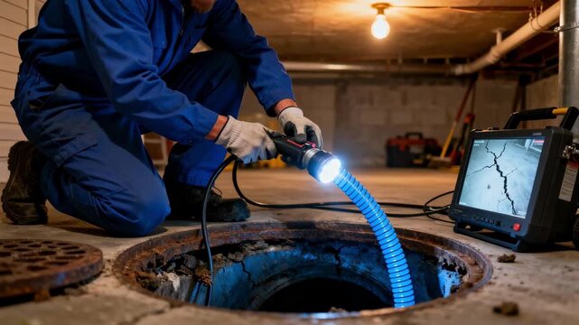 Medium shot of a technician maneuvering a sewer camera through a residential pipe to inspect blockages and cracks with precision lighting.
