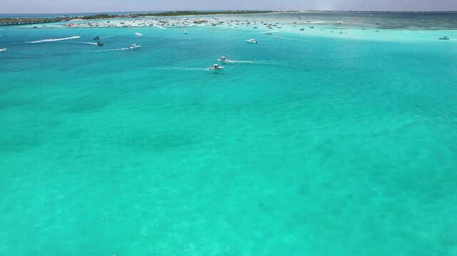 Aerial Drone View of Boats at Crab Island in Turquoise Water, Destin Florida