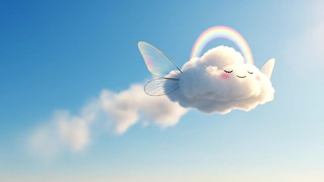 Whimsical Sky Companion: A serene, smiling cloud drifts through a bright blue sky, adorned with delicate fairy wings and a vibrant rainbow halo, embodying tranquility and fantasy.