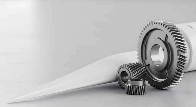 Precision metal gears and a wind turbine blade element on a light background symbolizing clean energy concept and sustainable technology - Powered by Adobe