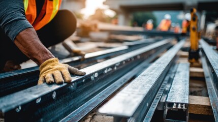 Medium shot of a construction worker installing recycled steel beams highlighting ecofriendly sustainable building materials in modern infrastructure projects.
