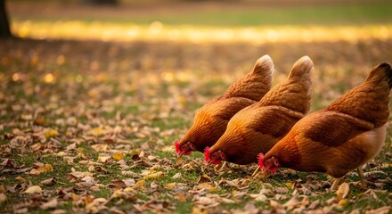 Obraz premium Three free-range brown chickens scratching and pecking for food among fallen autumn leaves in warm sunlight for an ecological farming concept