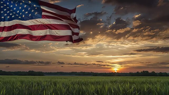 Close up USA American flag waving in the sky against sunset, sunrise outside background.