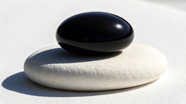 Polished Black Onyx Stone Resting on Pure White Rock