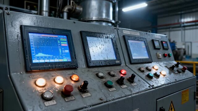 Medium shot of control panel and monitoring devices managing fly ash extraction processes under changing dry and humid operational scenarios.