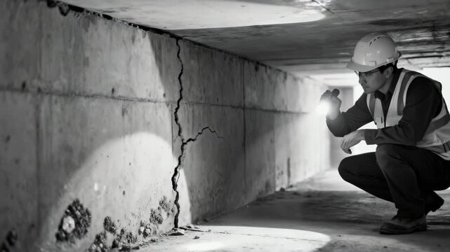 Medium shot of a professional examining visible cracks on a concrete foundation with a flashlight highlighting potential structural instability.