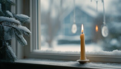 Single lit taper candle illuminates a snowy window ledge beside frosted evergreen branches