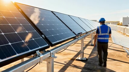 Medium shot of a technician carefully aligning solar panels on metal rails for a secure rooftop installation under clear sunny skies.