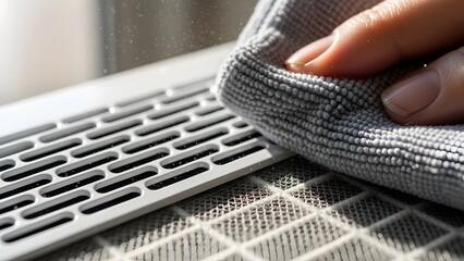 Close-Up of Air Quality Monitor Cleaning with Microfiber Cloth