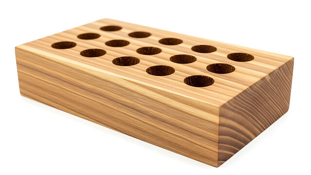 A wooden pencil holder with multiple holes on a white background