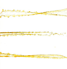 Naklejka na ściany i meble Orange, lemon juice or oil lubricant splash, liquid gold yellow drink drops. Fruit beverage water elements in line form . Fresh splashing and flowing jets, white background isolated freeze motion