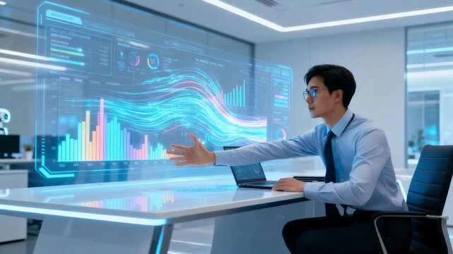 Medium shot of a professional analyzing dynamic data streams as AI adapts resource allocation for maximum operational efficiency.