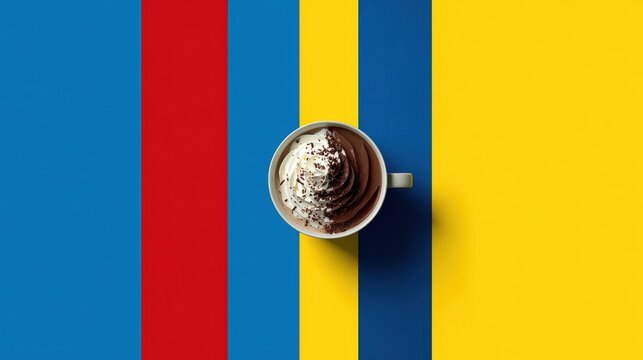 Coffee Delight: A bird's-eye view captures a vibrant coffee cup set against a striped backdrop of complementary colours, creating a visually stimulating scene of breakfast joy.