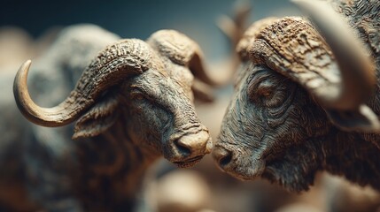 Rustic Duo: Intricate Buffalo Sculptures in Warm Earth Tones Capture Wildlife Artistry