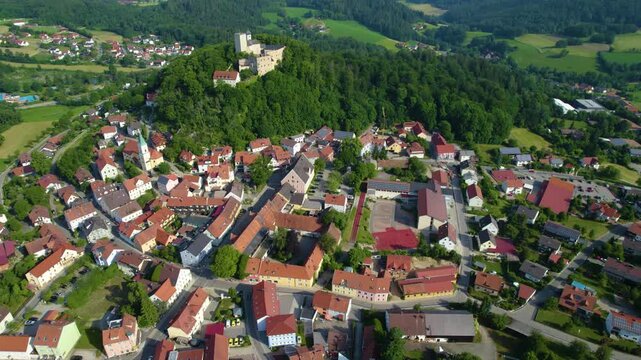 Aerial view around the old town of the city Falkenstein in Germany., Bavaria on a sunny morning in spring.