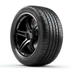 Obraz premium A single car tire with detailed tread pattern and black rim is isolated on a white background providing a clean and professional studio shot.