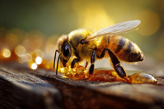 Bees gathering honey in warm golden light amidst nature's beauty Generative AI