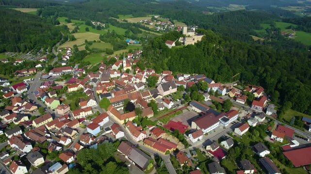Aerial view around the old town of the city Falkenstein in Germany., Bavaria on a sunny morning in spring.