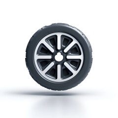 Obraz premium A sleek car tire with a modern silver rim design is displayed against a pristine white background offe a clean and minimalist aesthetic.