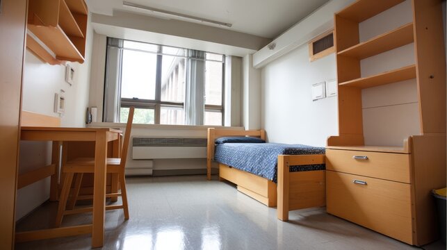 Dorm room with single bed, desk, and window