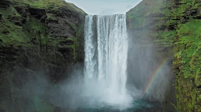 Skogafoss waterfall Iceland seen from top-down drone aerial. 4K cinematic footage highlights turquoise pool and mist spray.