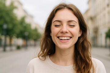 Fototapeta premium Happy caucasian woman smiling in city street scene with trees and buildings during a sunny day. concept of joy, urban lifestyle, positive emotion