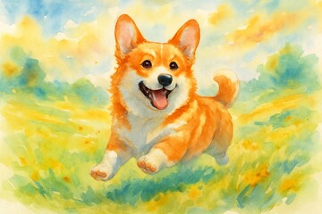 Watercolor corgi joyfully running across a sunny meadow capturing happiness in a lush landscape. concept of puppy energy, joyful companionship, blissful outdoor adventure