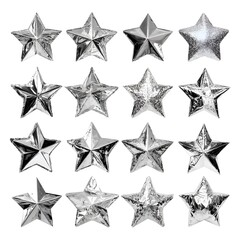 Obraz premium A collection of sixteen shiny silver star ornaments is displayed on a plain white background in a four by four grid arrangement.