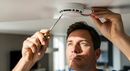 Man installing a smoke alarm on ceiling with screwdriver. Fire safety and home protection concept for handyman services or diy guides.