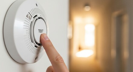 Finger pushing test button on smoke detector. Home fire safety and prevention concept for residential security and alarm system maintenance.