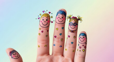 Womans hand with fingers painted as a happy family for family concept. Cute cartoon faces drawn on fingers for Happy Family Day.