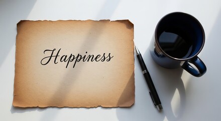 The word happiness handwritten on an old piece of paper next to a dark coffee mug and pen. Inspiration and positive message concept.