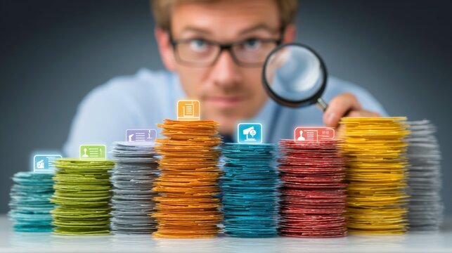 Focused Professional Analyzing Stacks of Coins with Magnifying Glass - Powered by Adobe