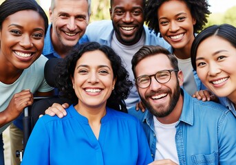 Multiethnic group of happy diverse adult men and women, including a woman in a wheelchair, smiling at camera outdoors. Inclusion and diversity concept.