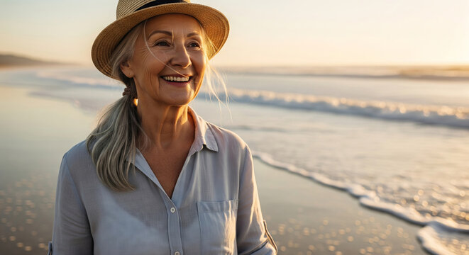 Woman is walking on beach at sunset, smiling. Happy senior woman enjoying summer vacation and tranquil moment by ocean. Wellness, healthy lifestyle. - Powered by Adobe