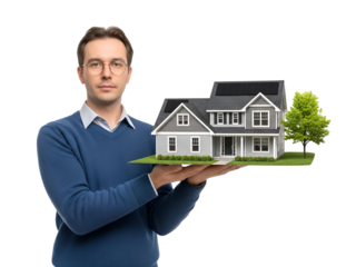 Professional man in blue suit presenting a modern eco-friendly house with solar panels, representing real estate investment and sustainable home ownership, isolated on transparent background.