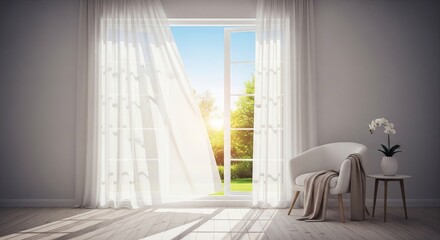 Trendy white color 2026 year. Empty room with white fabric curtain blowing in a wind, revealing a sunny green garden. Minimalist interior design concept for comfortable home.
