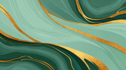 Elegant green marble texture with flowing gold veins and abstract layered waves conveying calm luxury