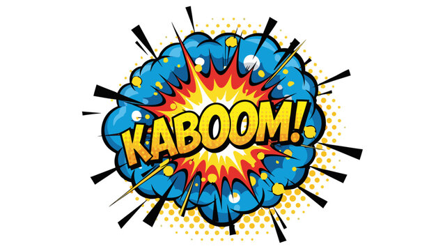Explosion Comic Book Style KABOOM Word Art On Black Background With Yellow Dots And Blue Cloud Burst Effect