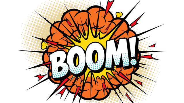 Explosion Comic Book Sound Effect BOOM Written in Bold White Letters Against Orange Red and Yellow Starburst Splash with Halftone Dots and Black Background