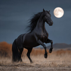 Black stallion rearing beneath moonlit sky with flowing mane and wild prairie night emotion majestic and dramatic