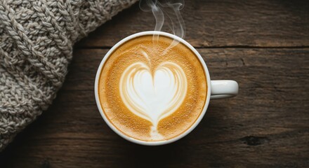 A steaming cup of latte art with a delicate heart design rests on a rustic wooden table next to a cozy knitted woolen blanket, creating a warm atmosphere.