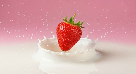 A vibrant red strawberry with a green stem creates a dynamic splash as it drops into a pool of white milk, highlighted against a soft pink background.