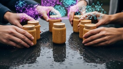 Diverse Hands Arranging Sustainable Bamboo Supplement Jars with Holographic Refraction