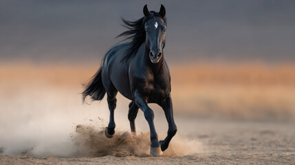 Powerful black horse galloping across dusty plain with flowing mane and dynamic motion, dramatic lighting and warm background creating energetic and majestic scene