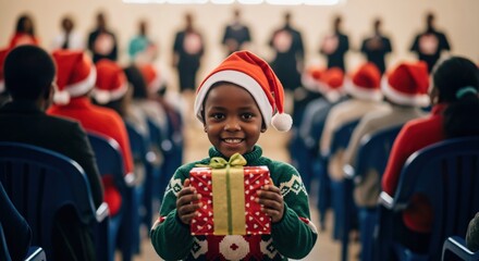 Joyful young African American boy in a Santa hat and festive sweater holding a wrapped Christmas gift, smiling brightly at a holiday celebration event.