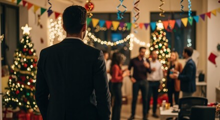 Young businessman in a dark suit, seen from behind, observing a festive office Christmas party with blurred colleagues socializing amidst holiday decorations.